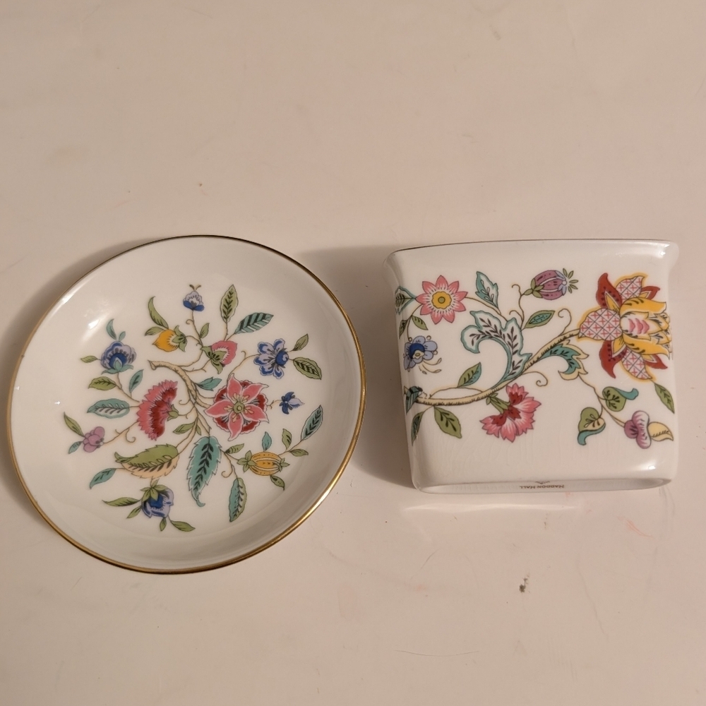 Minton Haddon Hall bone china toothpick holder and trinket dish set
